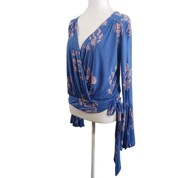 Free People, Small, Fiona, Blue, Long Sleeve, Boho Style, Surplice, Tie Waist - Picture 3 of 16